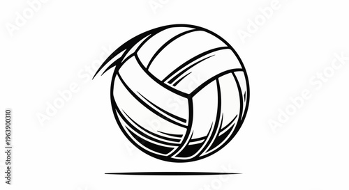 A dynamic black and white illustration of a volleyball in motion
