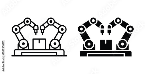 Industrial Robot Arm with Package in Black and White Outline Design