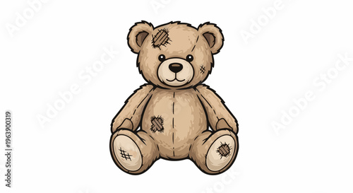 A fluffy brown teddy bear with patchwork details and stitched seams