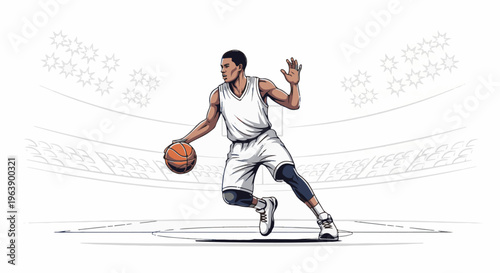 A dynamic illustration of a basketball player dribbling on a court