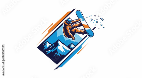 A dynamic illustration of a snowboarder executing a jump with snow-capped mountains