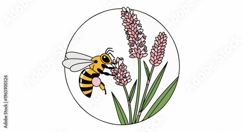 A cartoon bee hovers near pink flower spikes within a circle