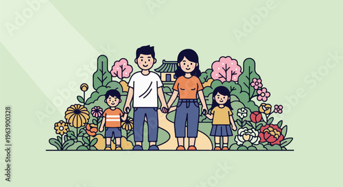 A happy family stands hand-in-hand amidst a vibrant garden with trees and a small house