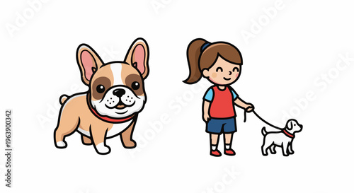 A happy girl walks her small dog while a French bulldog watches nearby