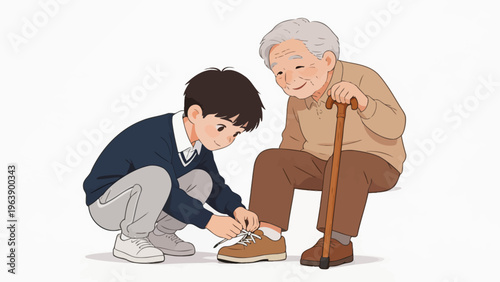 Boy helping elderly tie shoe