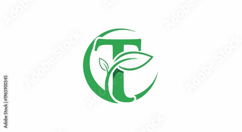 A green letter T with leaves and a circular design