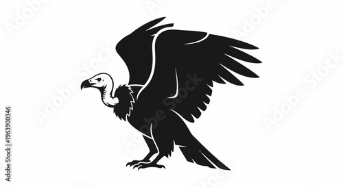 A black silhouette of a vulture with wings outstretched on a white background