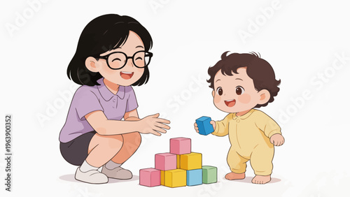 Woman and child playing with blocks