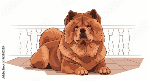 A fluffy, regal dog reclines on a tiled patio beside a decorative railing