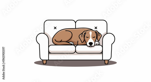 A brown and white dog sleeps peacefully on a white sofa