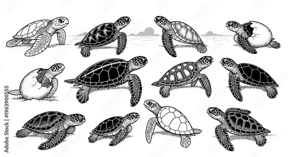 Fototapeta premium Set of Hand Drawn Sea Turtle Illustrations