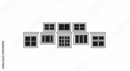 A line of simple black and white line art illustrations of various window frames