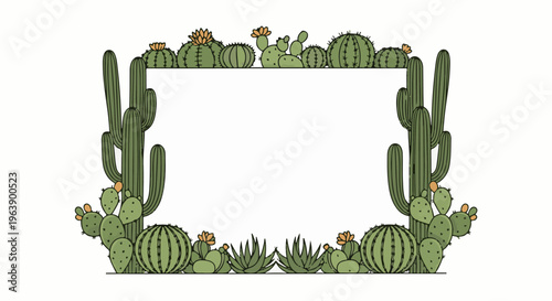 A frame of various cacti and succulents with small orange flowers
