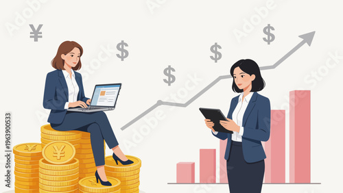 Businesswomen with money and growth chart
