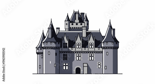 A grey, cartoonish castle with multiple towers and pointed roofs