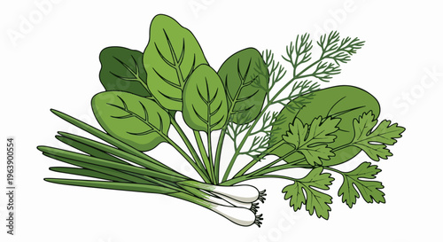 A healthy bunch of vibrant green leafy vegetables and herbs