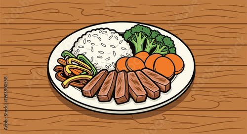 A healthy meal of sliced meat, rice, broccoli, carrots, and peppers