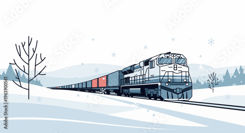 A freight train travels through a snowy winter landscape with trees