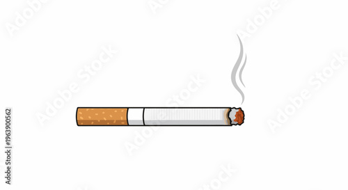 A lit cigarette with smoke rising from the tip on a white background
