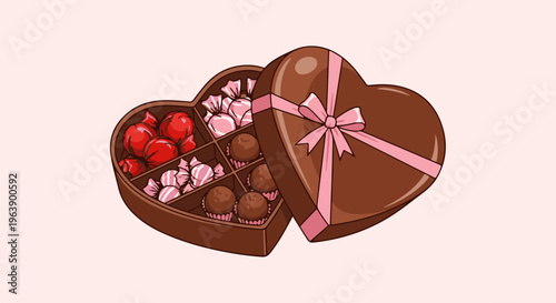 A heart-shaped chocolate box filled with assorted treats, tied with a ribbon