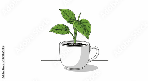 A green plant with visible roots grows from soil in a white teacup