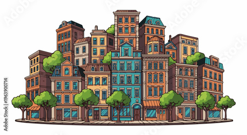 A lively pixel art cityscape filled with charming, colorful buildings and green trees