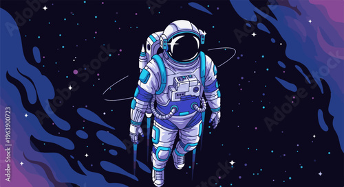 A lone astronaut floats in the vast, star-filled expanse of deep space