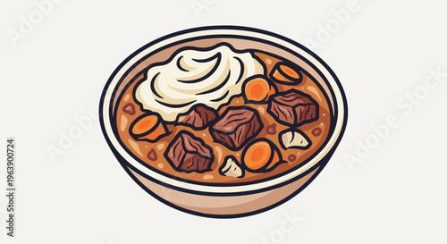 A hearty bowl of stew with chunks of meat and carrots, topped with cream