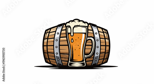A frothy beer glass emerges from a wooden barrel with metal bands