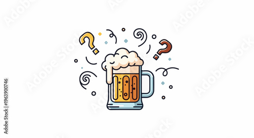 A frothy mug of beer is surrounded by whimsical question marks and swirls