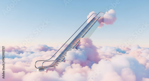 Modern glass escalator ascending through fluffy pink clouds in sky