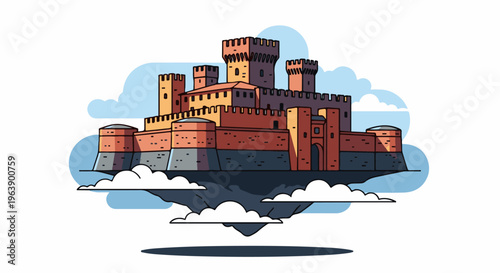 A fantastical floating castle with crenellated towers on a rocky island