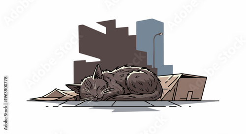 A lone cat sleeps peacefully on cardboard in an urban alleyway
