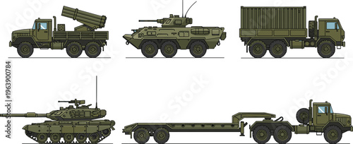 Military vehicles set armored tank missile launcher truck army transport combat defense vector illustration collection isolated