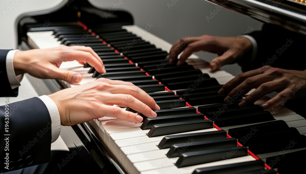 Fototapeta premium Keys of Harmony: Captivating close-up shot of two pairs of hands playing a piano, each pair with a different skin tone, evoking feelings of artistic expression.