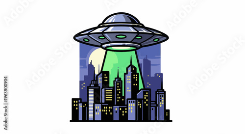 A futuristic alien spacecraft shines a bright green beam down onto a cityscape
