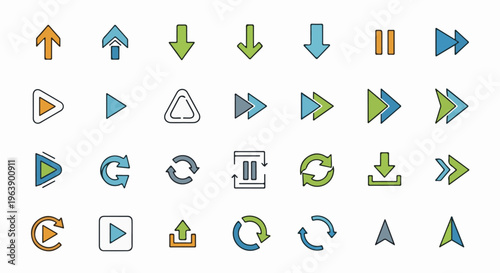 A grid of colorful arrow and media control icons