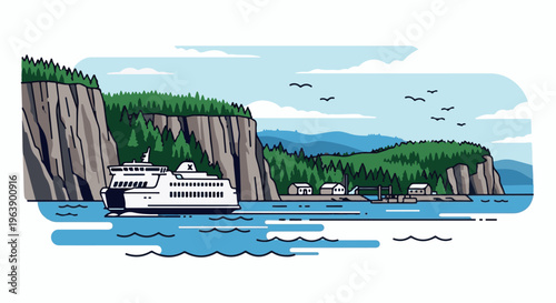 A ferry navigates calm waters near a village on a forested coast