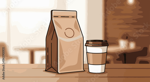 A brown paper bag and a disposable coffee cup sit on a wooden table