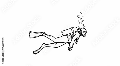 A person in scuba gear swims underwater, with bubbles rising