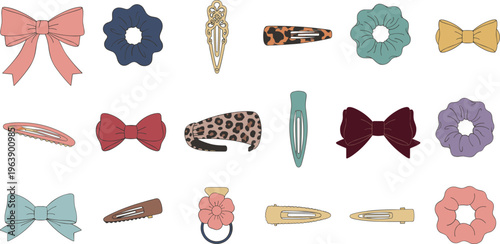 Collection of colorful hair accessories including bows, scrunchies, and clips in diverse styles, patterns, and decorative fashion designs
