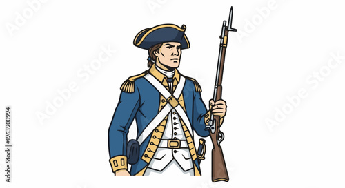 A historical illustration of a man in a blue uniform with a musket