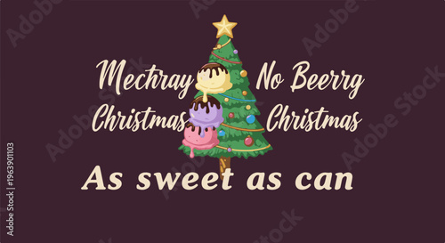 A festive Christmas tree adorned with ice cream scoops and holiday greetings