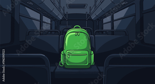 A lone green backpack rests on an empty bus seat in muted, pixelated style