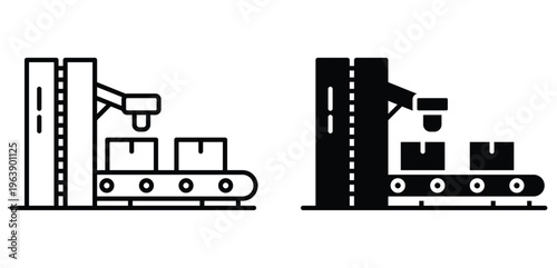 Minimalist Illustration of Conveyor Belt System with Robotic Arm Handling Boxes