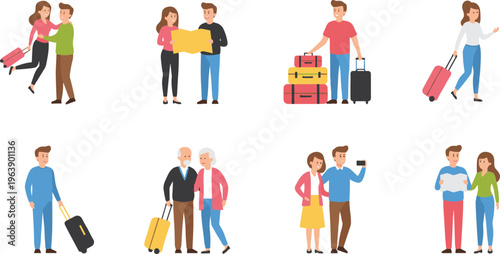 Cartoon travel scenes with people carrying luggage, reading maps, taking selfies, and preparing for trips showing companionship and adventure
