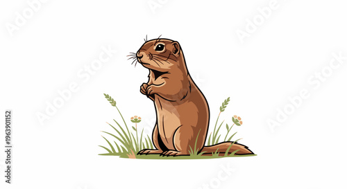 A brown rodent stands alert amidst sparse grass and small flowers