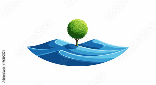 A lone green tree stands tall on a small island surrounded by blue waves