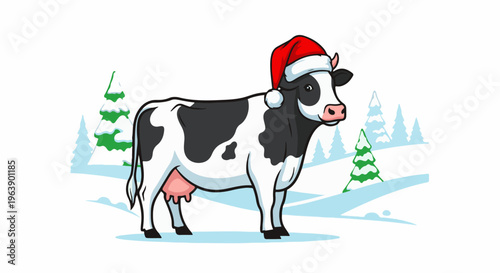 A festive cow wearing a Santa hat stands in a snowy winter landscape with trees