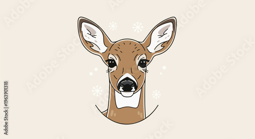 A gentle fawn gazes forward with large ears and speckled fur, snowflakes drift